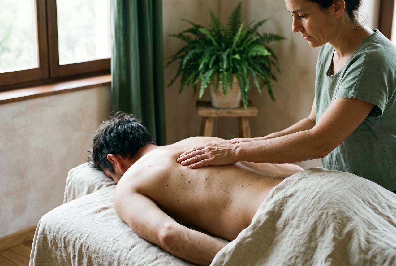A therapist's hands resting on a man's back on a linen-covered table in a plaster-walled room with a fern and a green curtain.