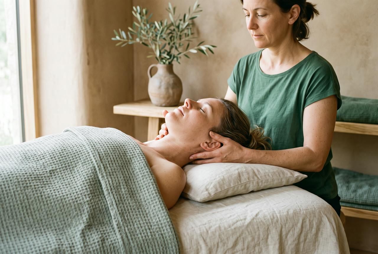 A therapist cradling a woman's head and neck on a linen-draped table beside an olive branch in a clay jug.