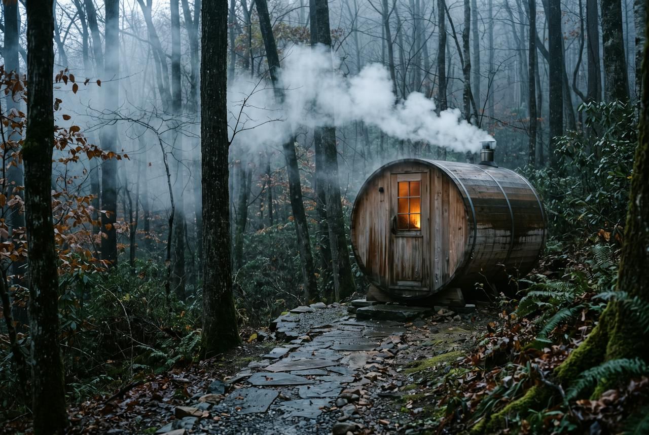 A cedar barrel sauna with a glowing window and steam rising in a foggy forest.