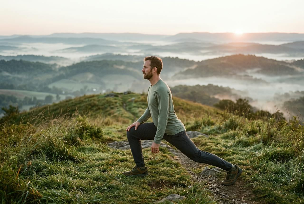 A man in a deep lunge on a grassy ridge at sunrise above misty valleys.