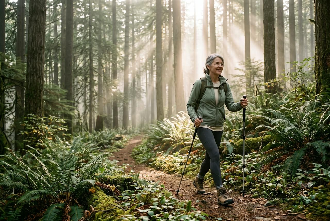A woman in her fifties walking a fern-lined forest trail with trekking poles in morning light.
